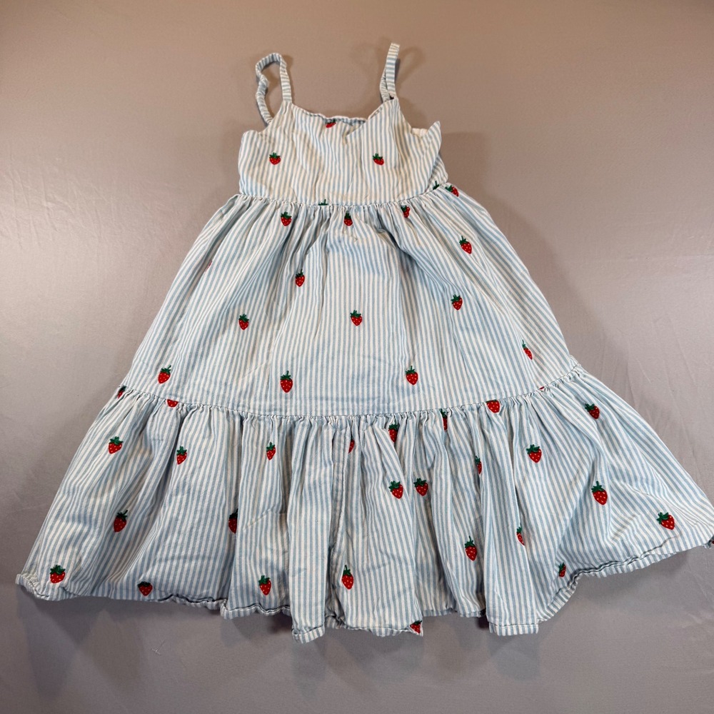Mini Boden Girls Blue White Stripe Strawberry Embroidered Tiered Dress 7-8Y